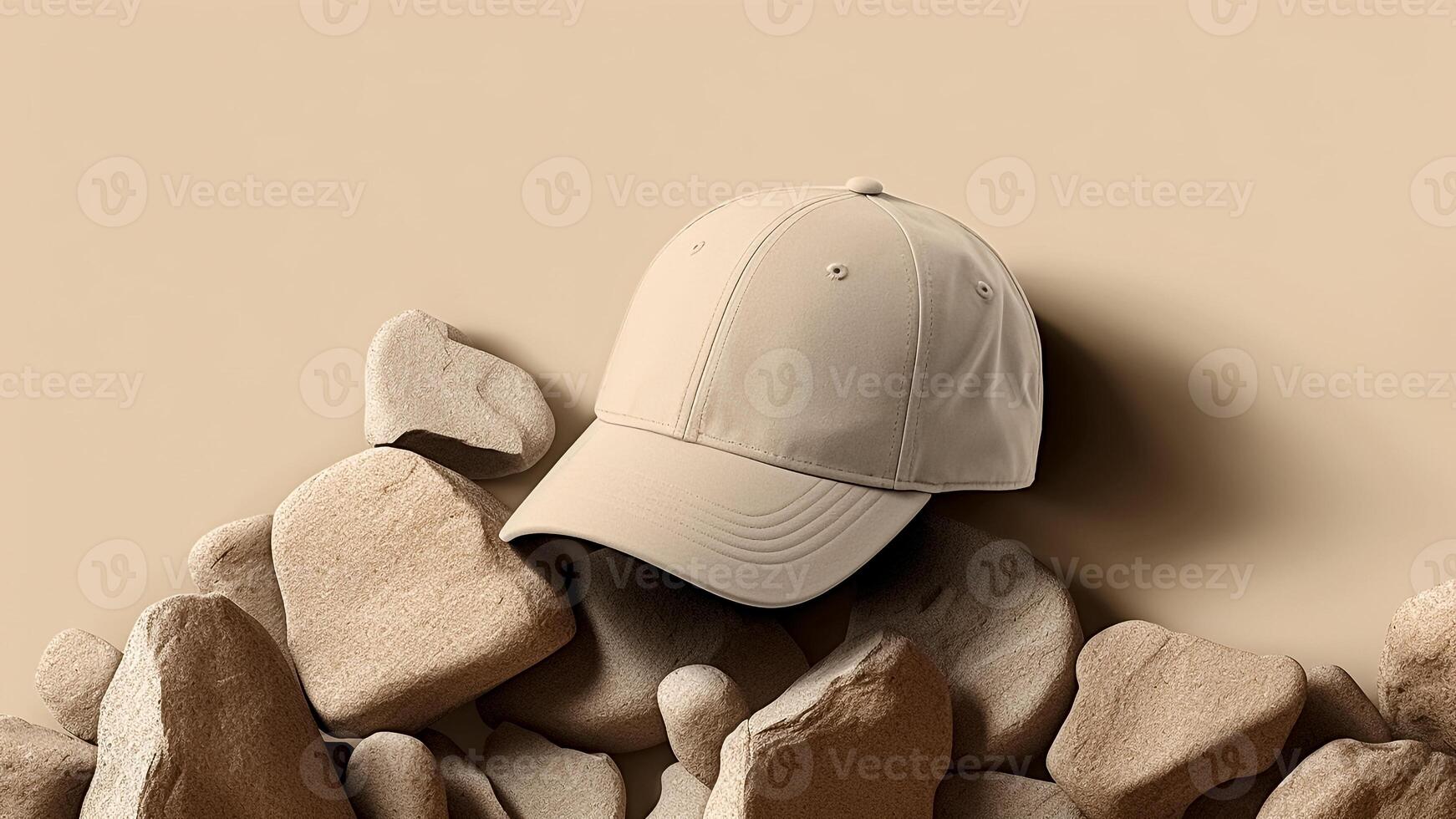 AI generated Baseball Cap and Pebbles on a Beige Background. Mockup. Sporty Fashion, Urban Style, Customizable Design. photo