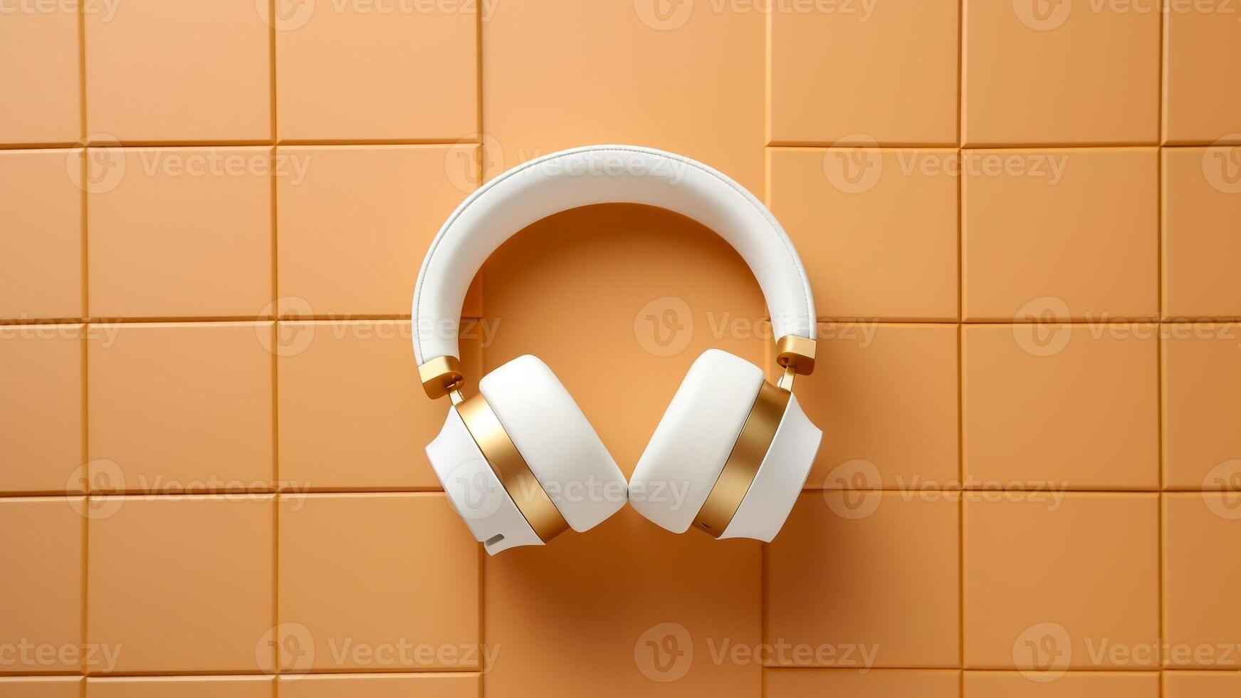 AI generated White headphones on orange tile background. Top view. Music concept. photo