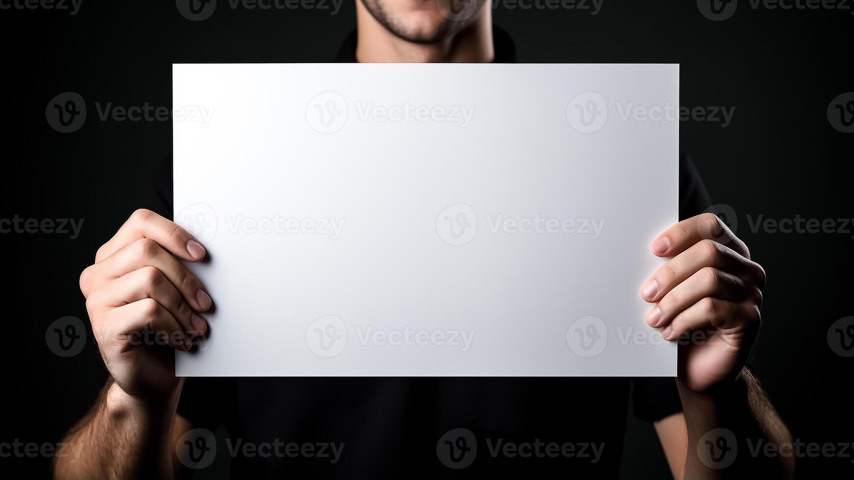 AI generated Man holding a white sheet of paper on a black background. Mockup. photo