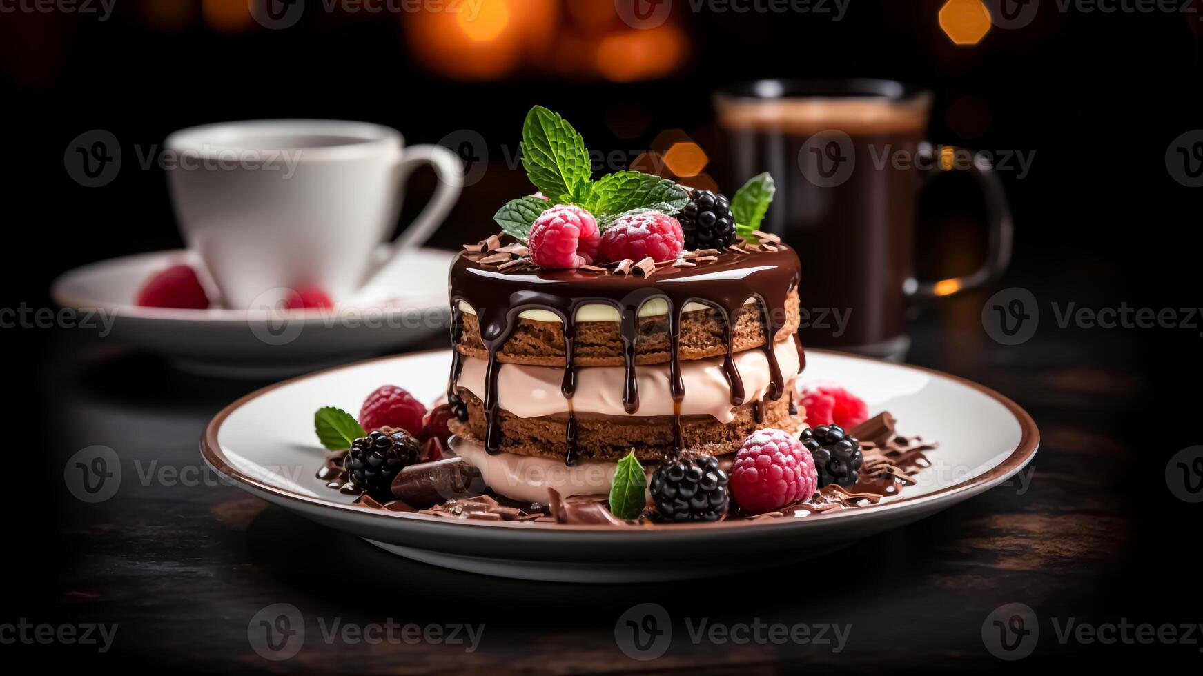 AI generated Chocolate cake with raspberries and mint on a wooden table. Cake concept. Food concept. photo