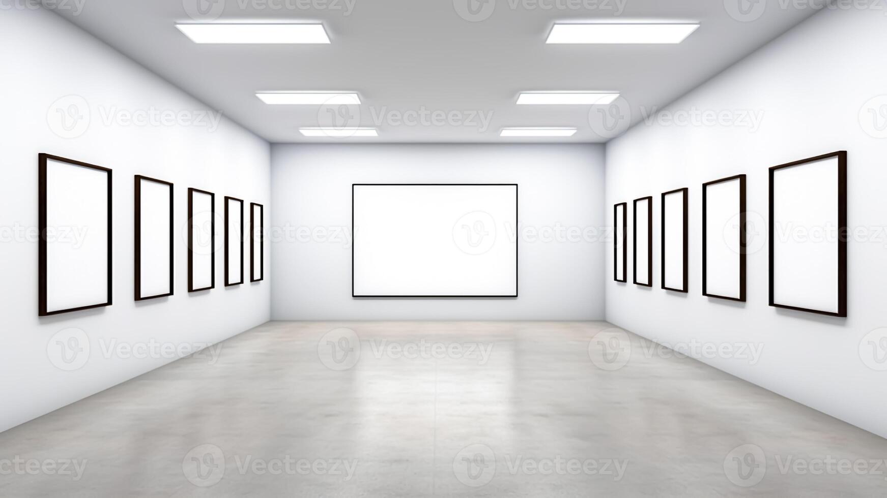 AI generated Gallery interior with blank picture frames on wall. Mockup. photo