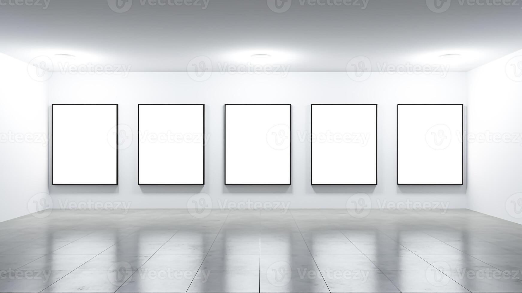 AI generated Empty gallery interior with blank frames on wall. Mockup. photo