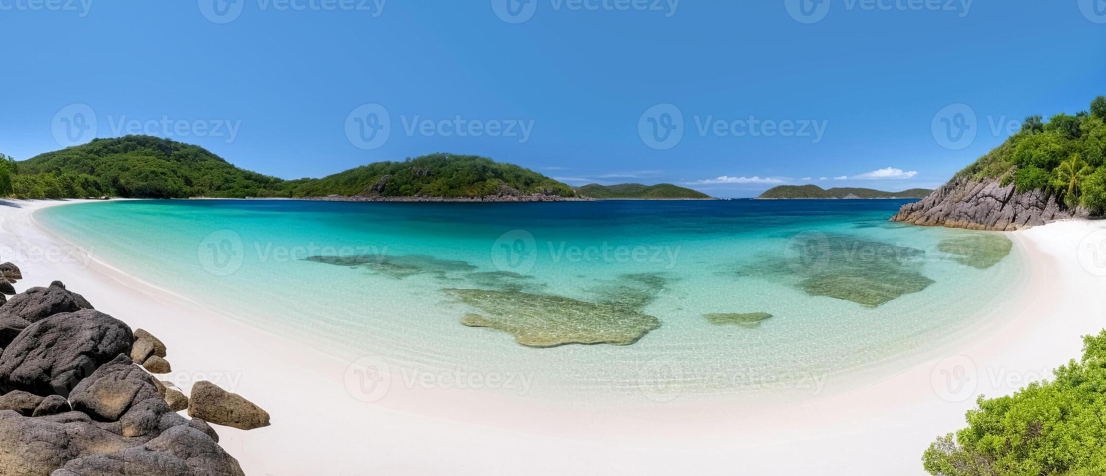 AI generated Panorama of Beach with Crystal-Clear Waters. Tropical Paradise, Serene Coastline, Pristine Nature, Tranquil Beauty. photo