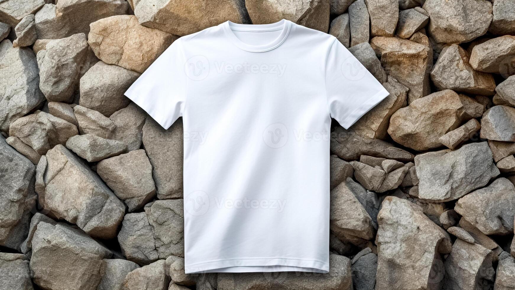 AI generated White T-shirt Mockup on a Stone Wall background. Casual Style, Customizable Design, Fashion Essential, Urban Wear. photo