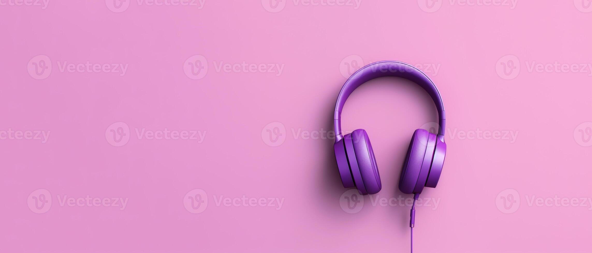 AI generated Purple Headphones on a Pink Background with Copy Space. - Perfect for Music Lovers. Music Day Concept. photo