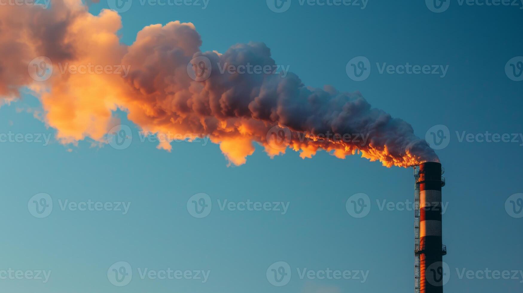 AI generated the top of a smokestack, where dense smoke is being expelled into the clear blue sky photo