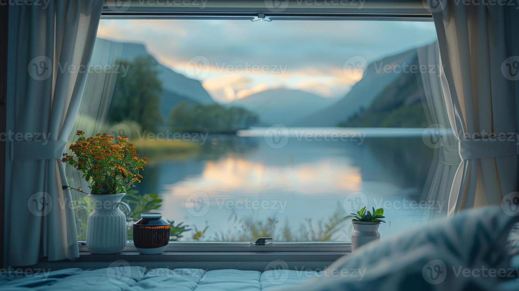 AI generated Vibrant close-up of an RV's window with curtains pulled back to reveal a breathtaking view of a lake and surrounding mountains, capturing the peaceful morning of a camping trip photo