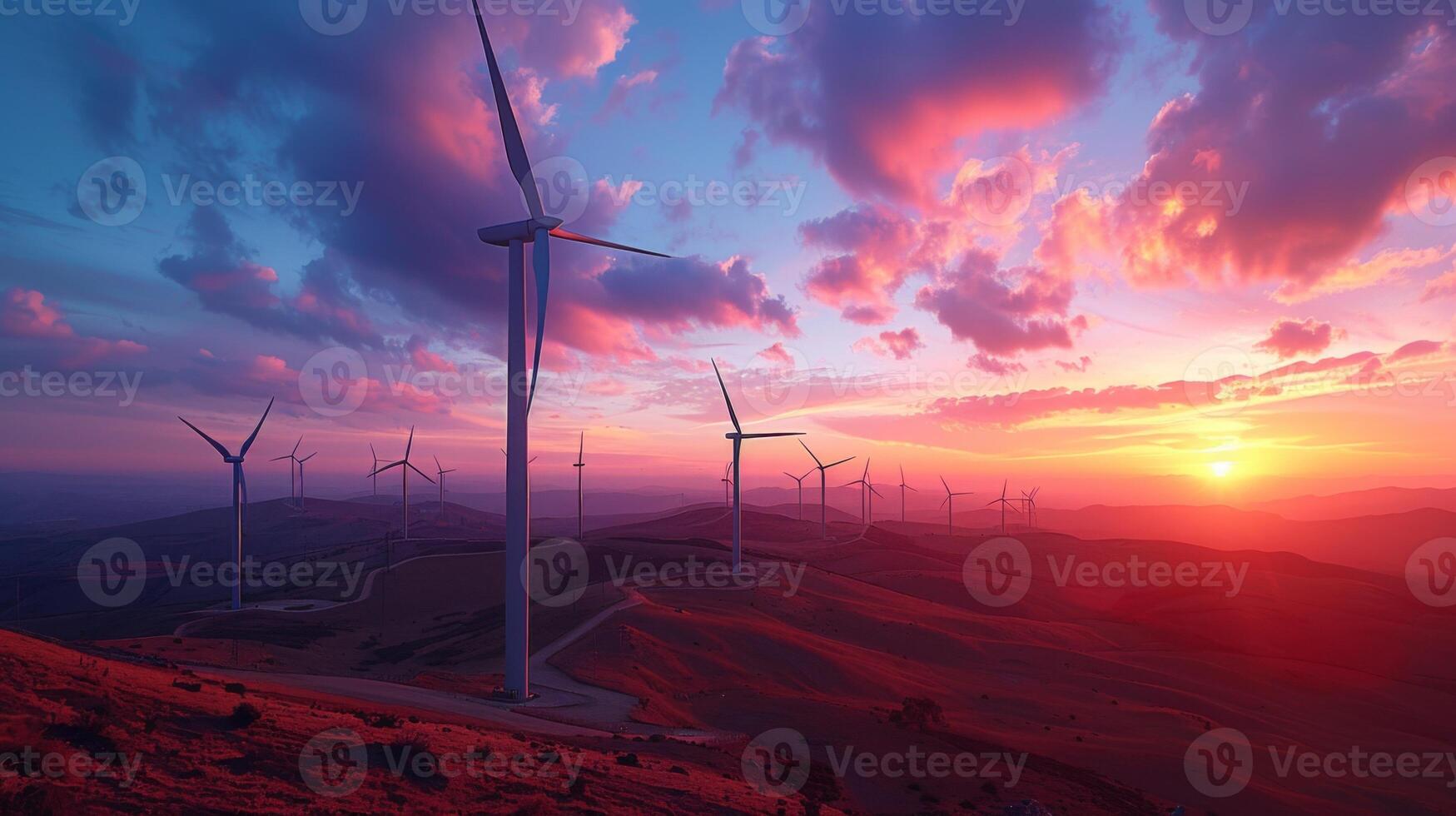 AI generated A sleek wind farm at sunrise, where towering wind turbines stand majestically over a serene landscape photo