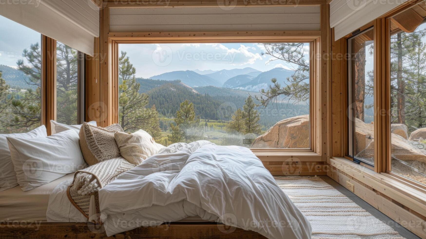 AI generated A cozy minimalist bedroom nestled in the mountains, where simplicity and nature converge photo