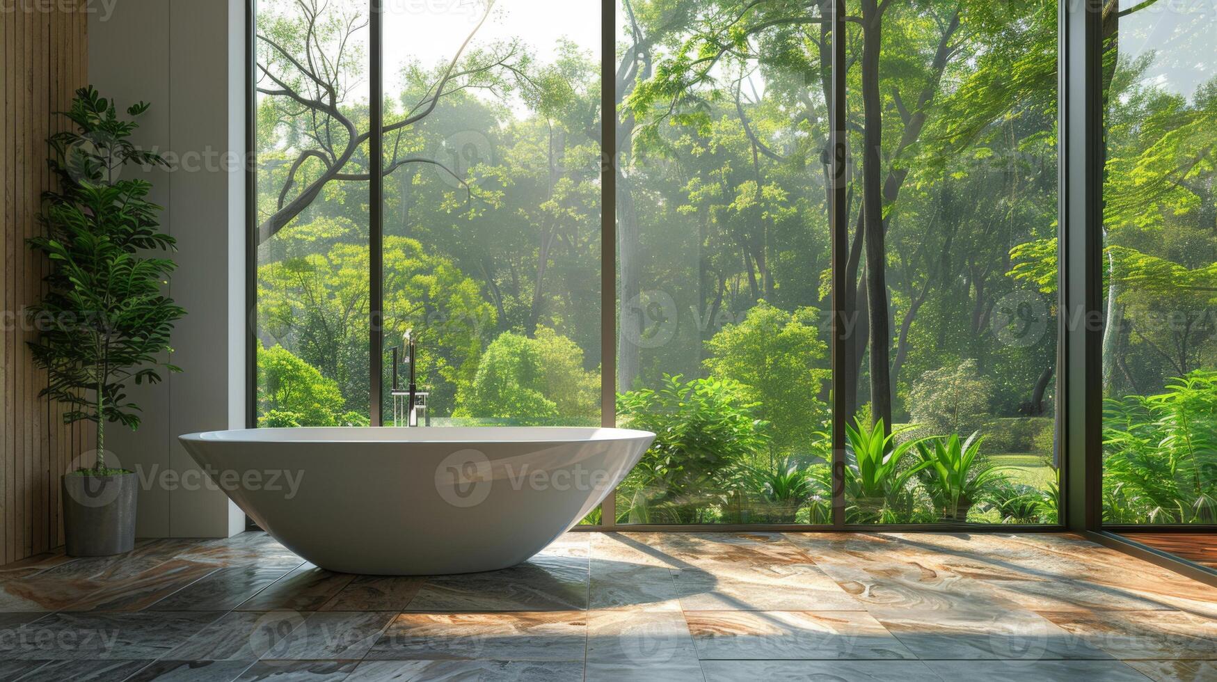 ai generado un moderno baño presentando un elegante de pie bañera posicionado cerca un piso a techo vaso pared ese pasa por alto un aislado bosque. foto