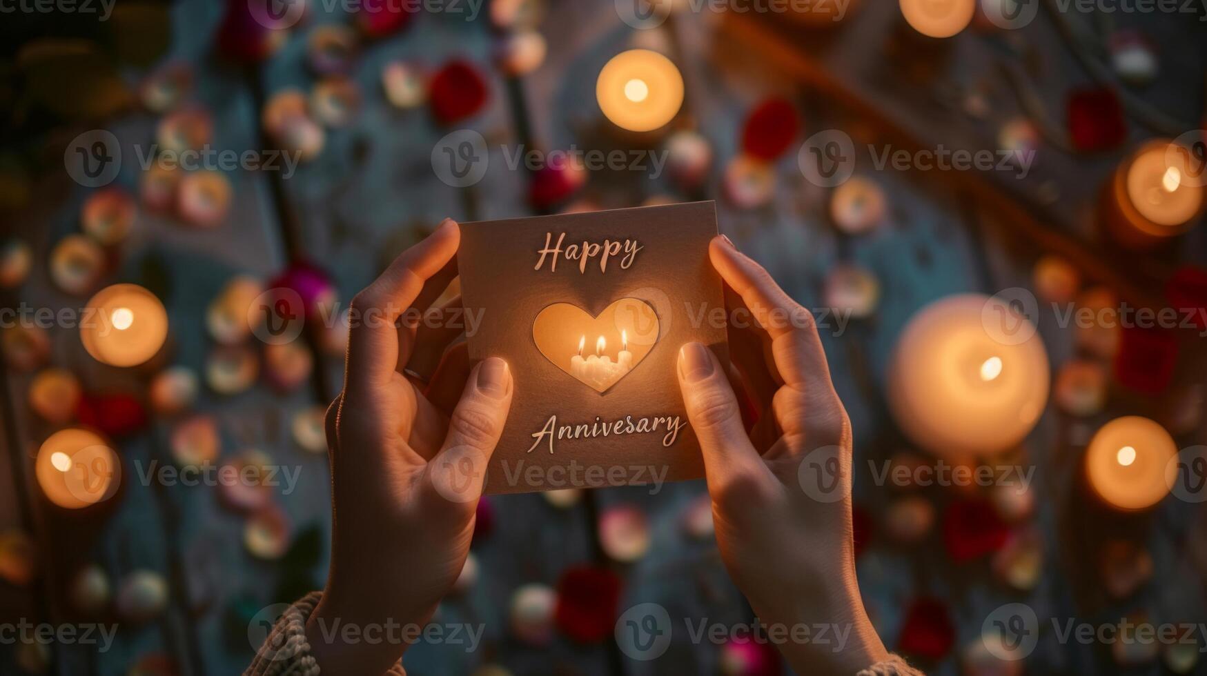 AI generated Hands exchanging a delicate, handmade anniversary card, the words Happy Anniversary visible in elegant script photo