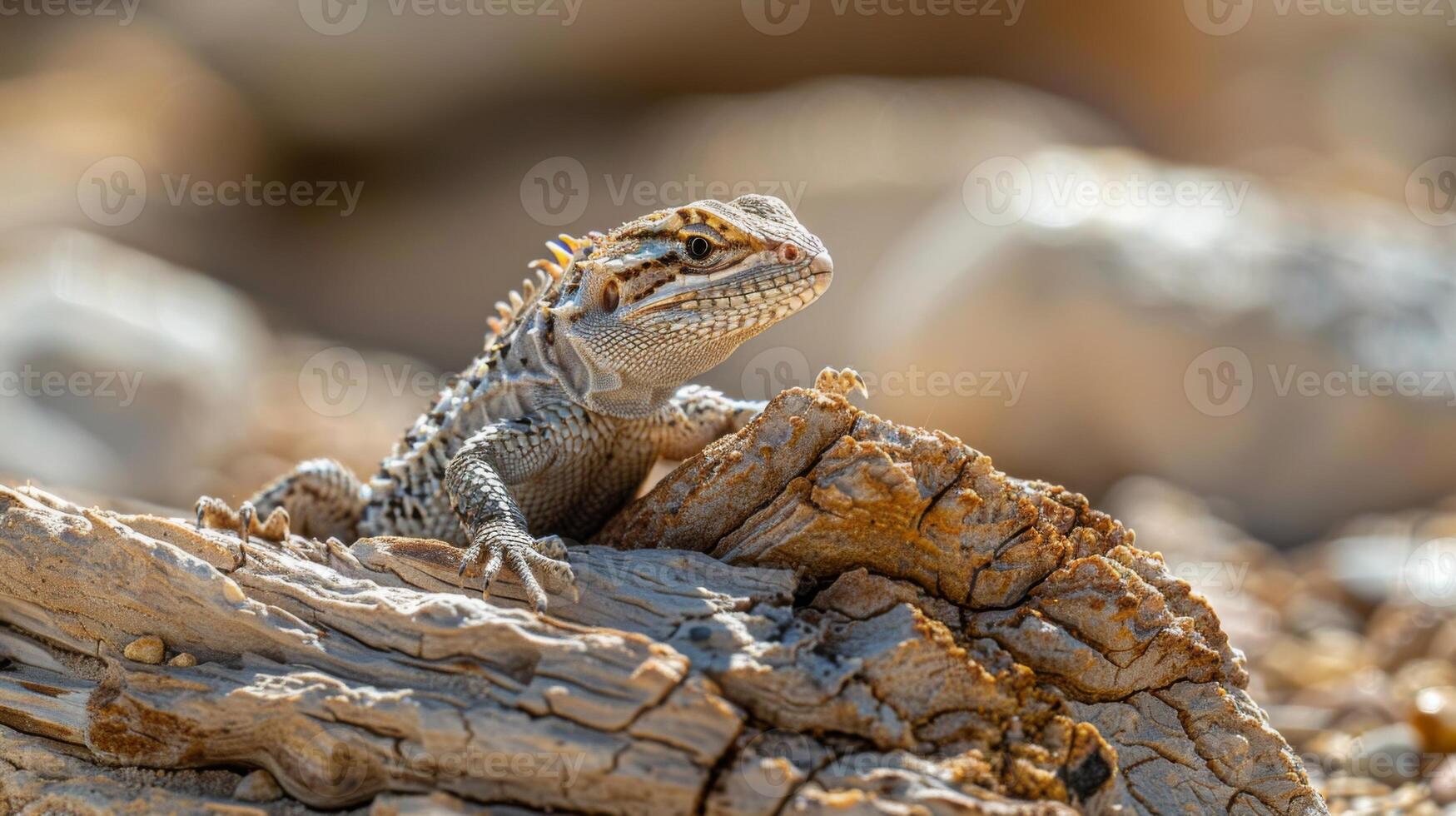 AI generated A desert lizard resting in the shade of a dry log, the detailed patterns of its skin blending with the textures of the desert floor photo