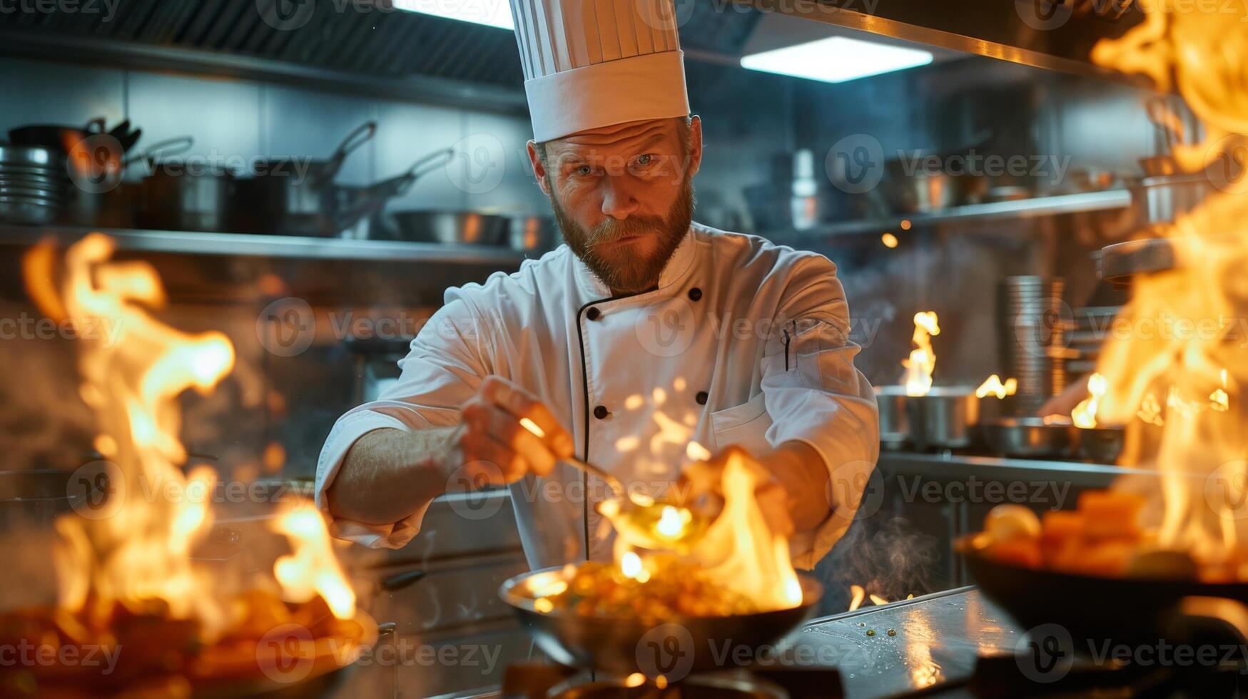 AI generated Chef tasting a sauce from a stainless steel spoon, expression of critical assessment, dynamic kitchen environment, flames from cooking stations in the background photo