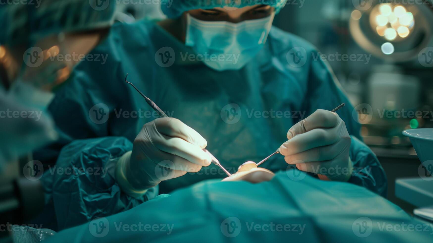 AI generated Dentist examining a patient with a focus on the dental equipment in their hand, close-up on the precision tools and patient's open mouth, clinical lighting highlighting the cleanliness photo