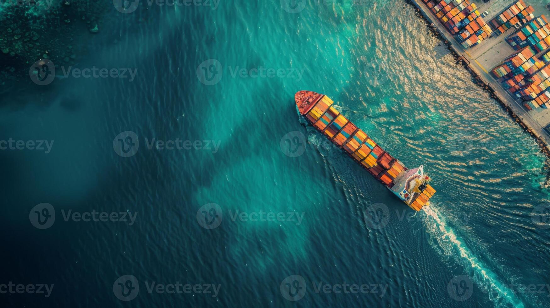 AI generated Aerial view of a container cargo ship navigating through turquoise waters, heading towards a densely packed port, clear sky above, photo