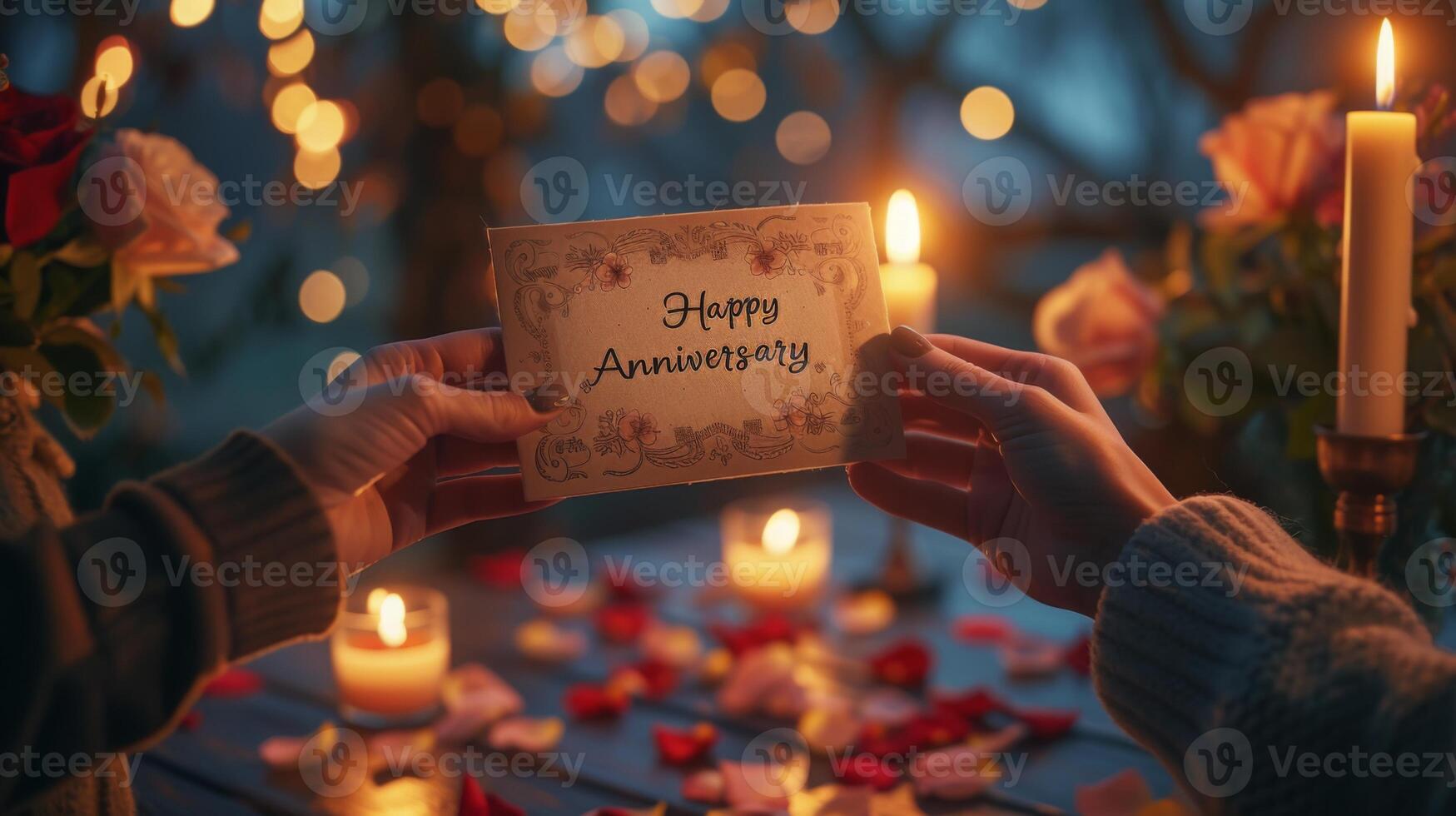 AI generated Hands exchanging a delicate, handmade anniversary card, the words Happy Anniversary visible in elegant script. Surrounding the card are scattered rose petals and a soft photo