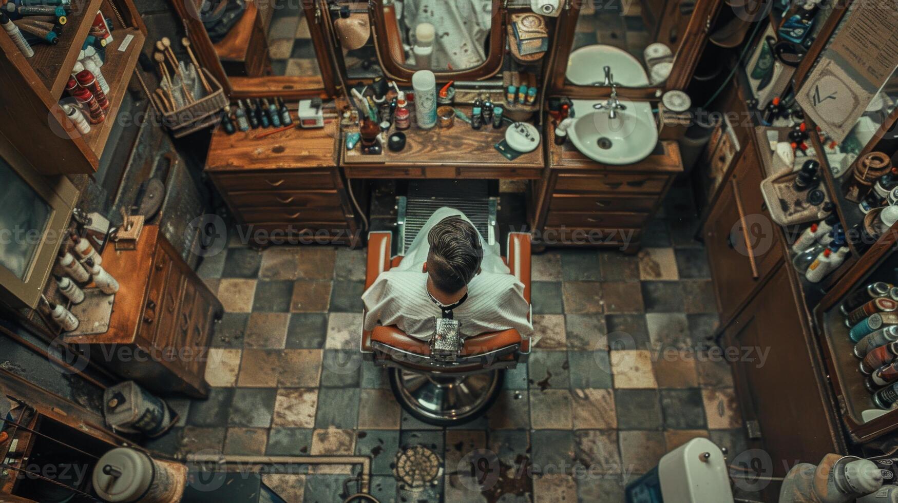 AI generated an elevated shot capturing a barber at work, leaning over to ensure the perfect cut, photo