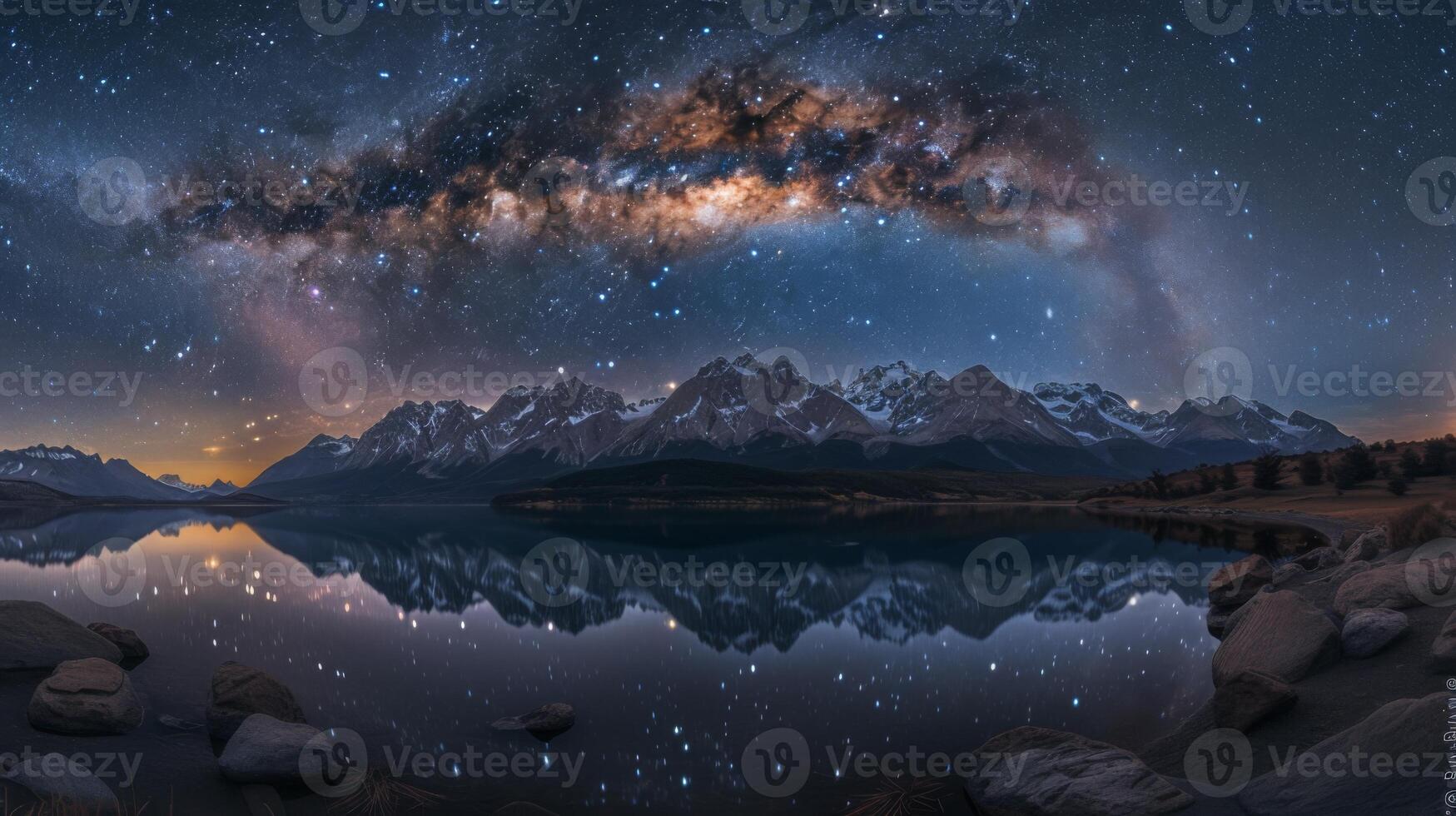 ai generado lechoso camino galaxia arqueo terminado un sereno montaña lago, reflexión de incontable estrellas reluciente en el agua superficie, el noche cielo iluminado arriba con el resplandor de distante galaxias foto