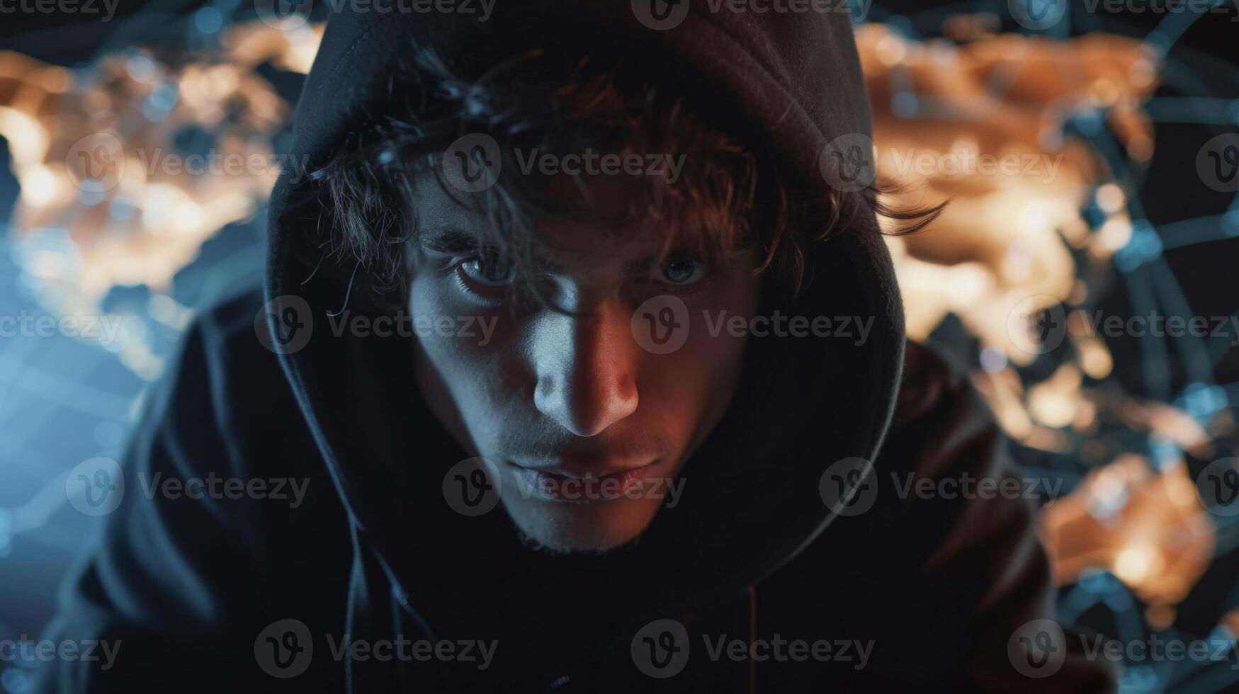 AI generated Hacker in a black hoodie orchestrating a ransomware attack on a global internet network, with a world map and digital connections in the background. photo