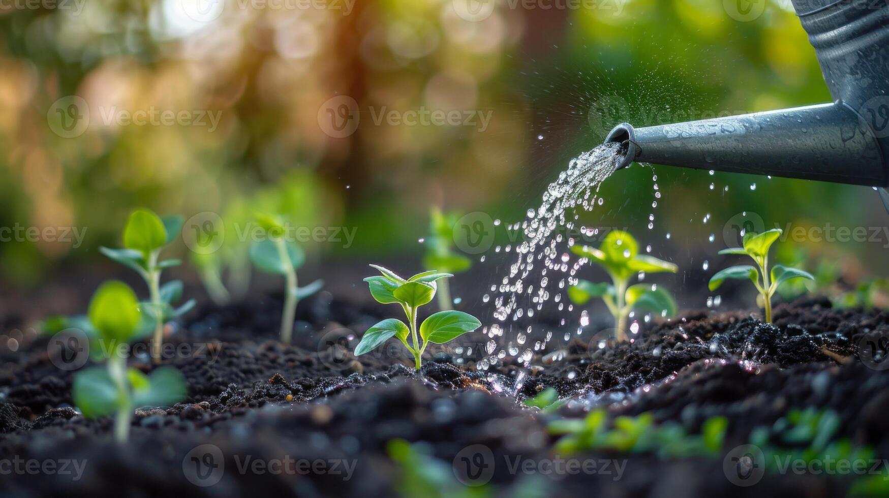 AI generated A detailed close-up of a watering can, sprinkling water over soil from which coins and young trees are sprouting, under the watchful gaze of a financial planner. photo