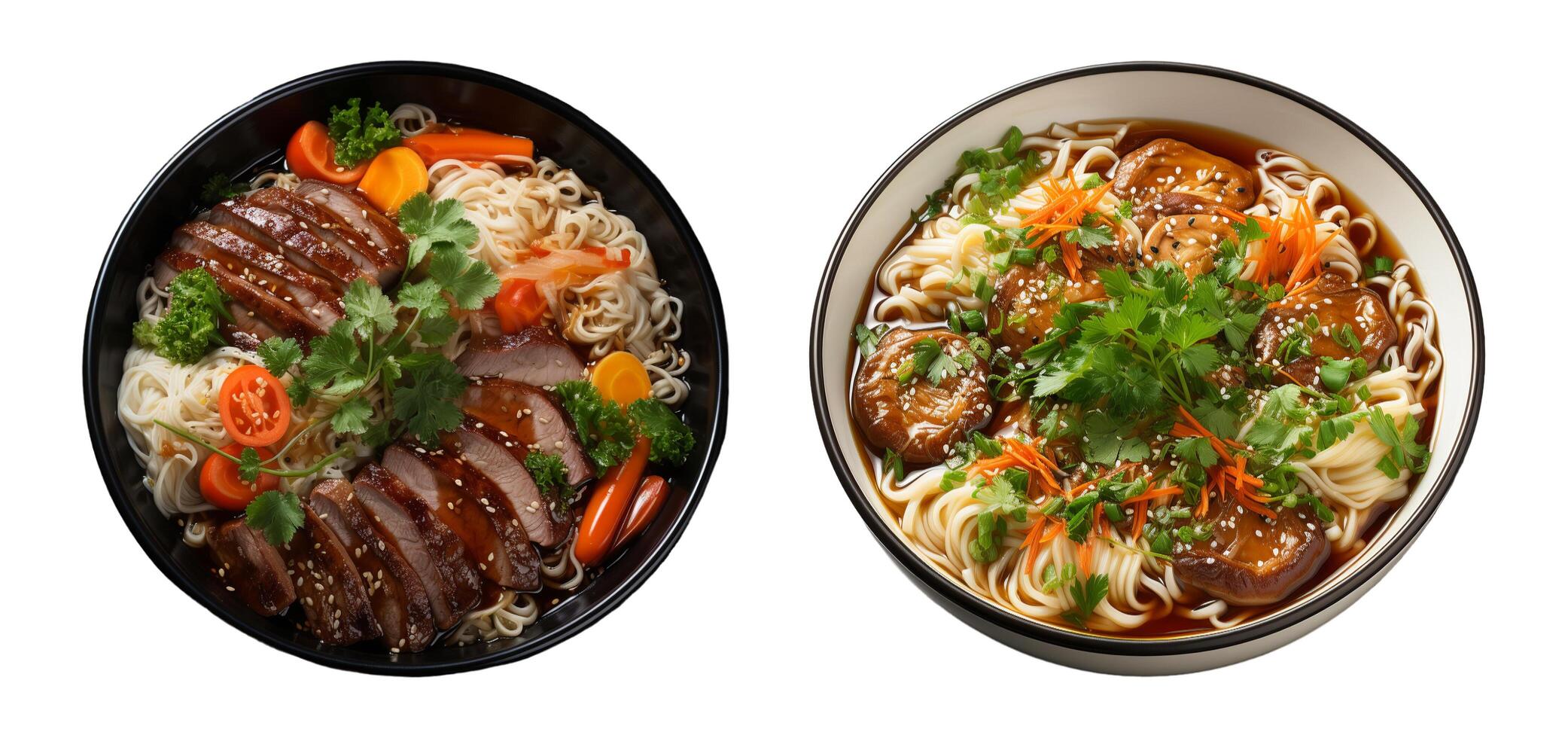 AI generated set of serving instant noodles in bowls, generative ai photo