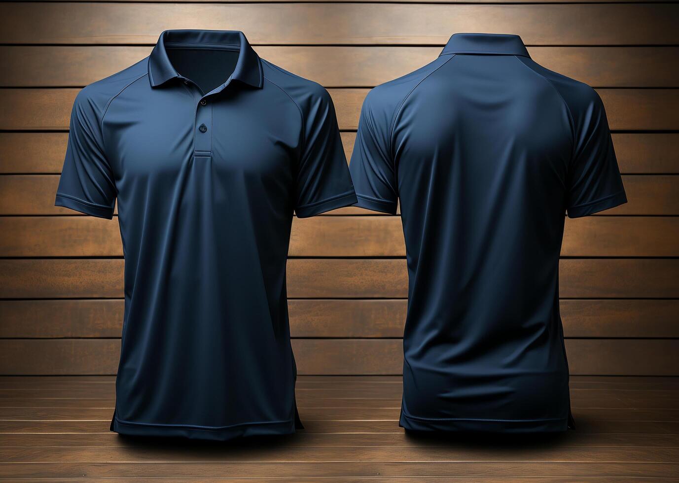 AI generated studio portrait of front and back view of navy polo shirt on wooden background, generative ai photo