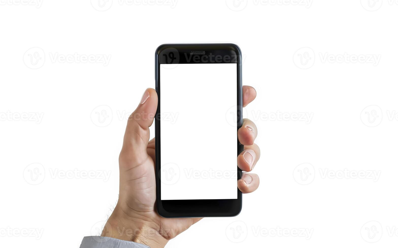 AI generated Left hand of a white man holding a black mobile phone and a white screen at a isolate background photo