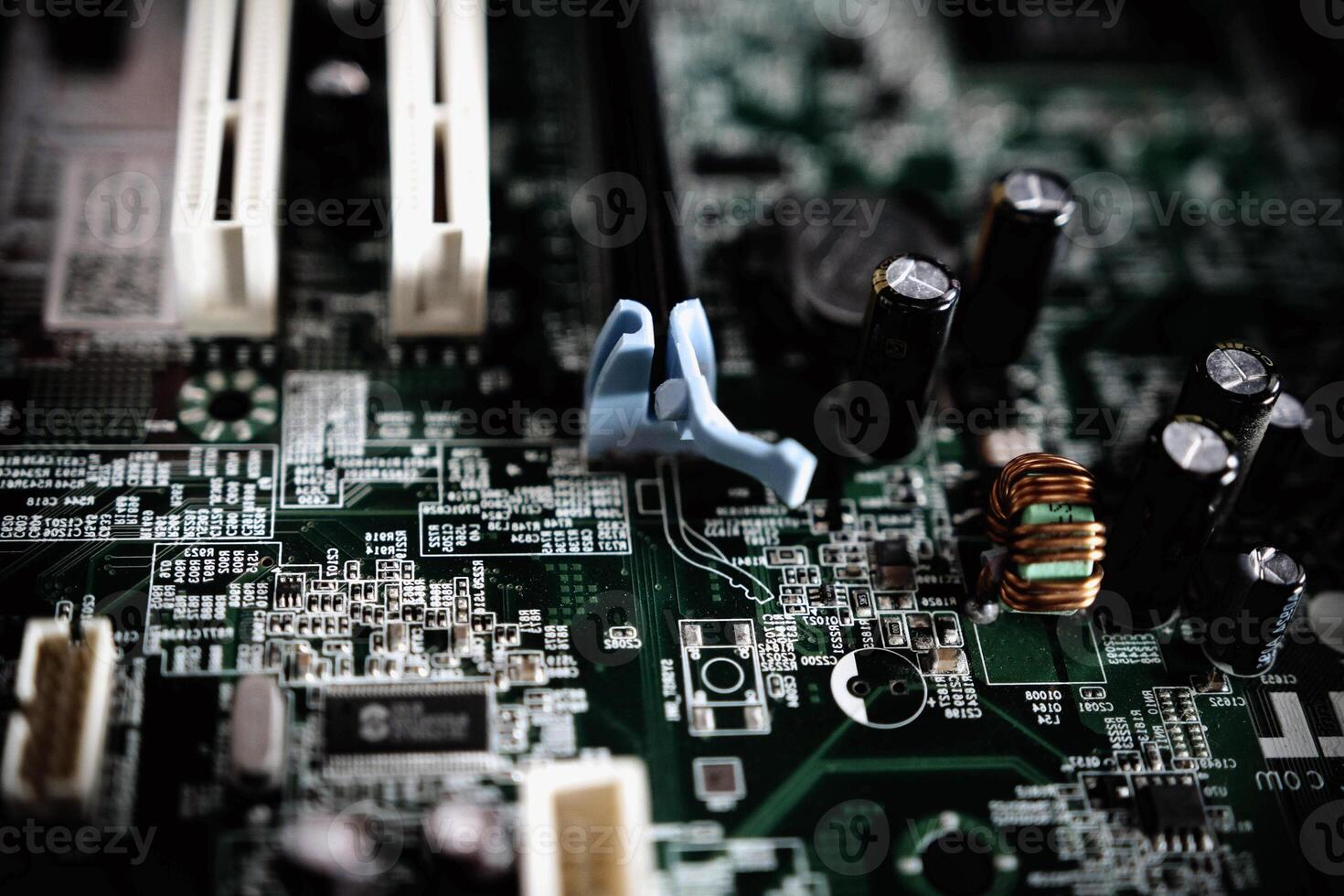 Comptuer processor and motherboard, microchip details close view. Hi-tech innovation background photo