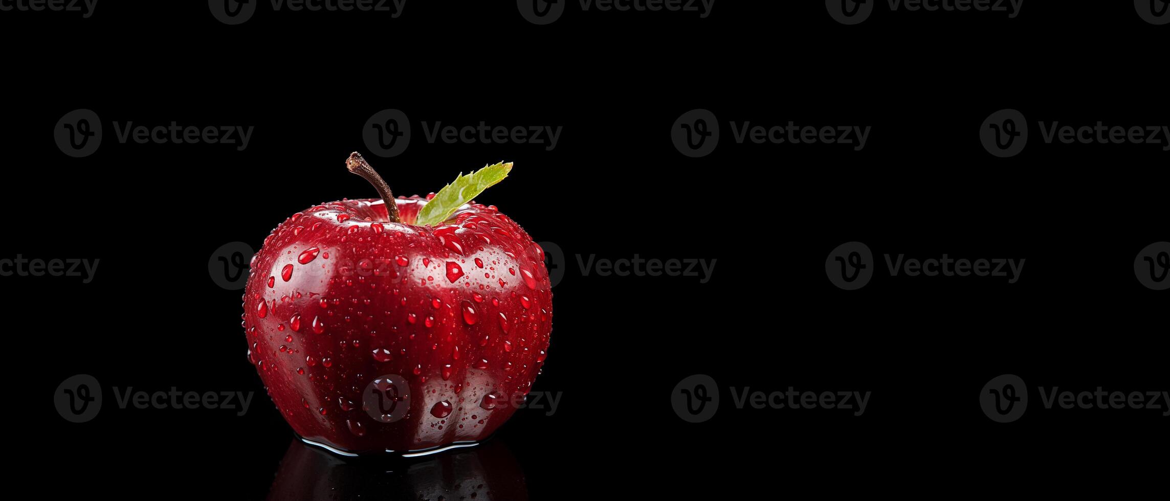 AI generated Red Apple with Water Drops on Black Background with Copy Space. Health and Nutrition Concept. photo