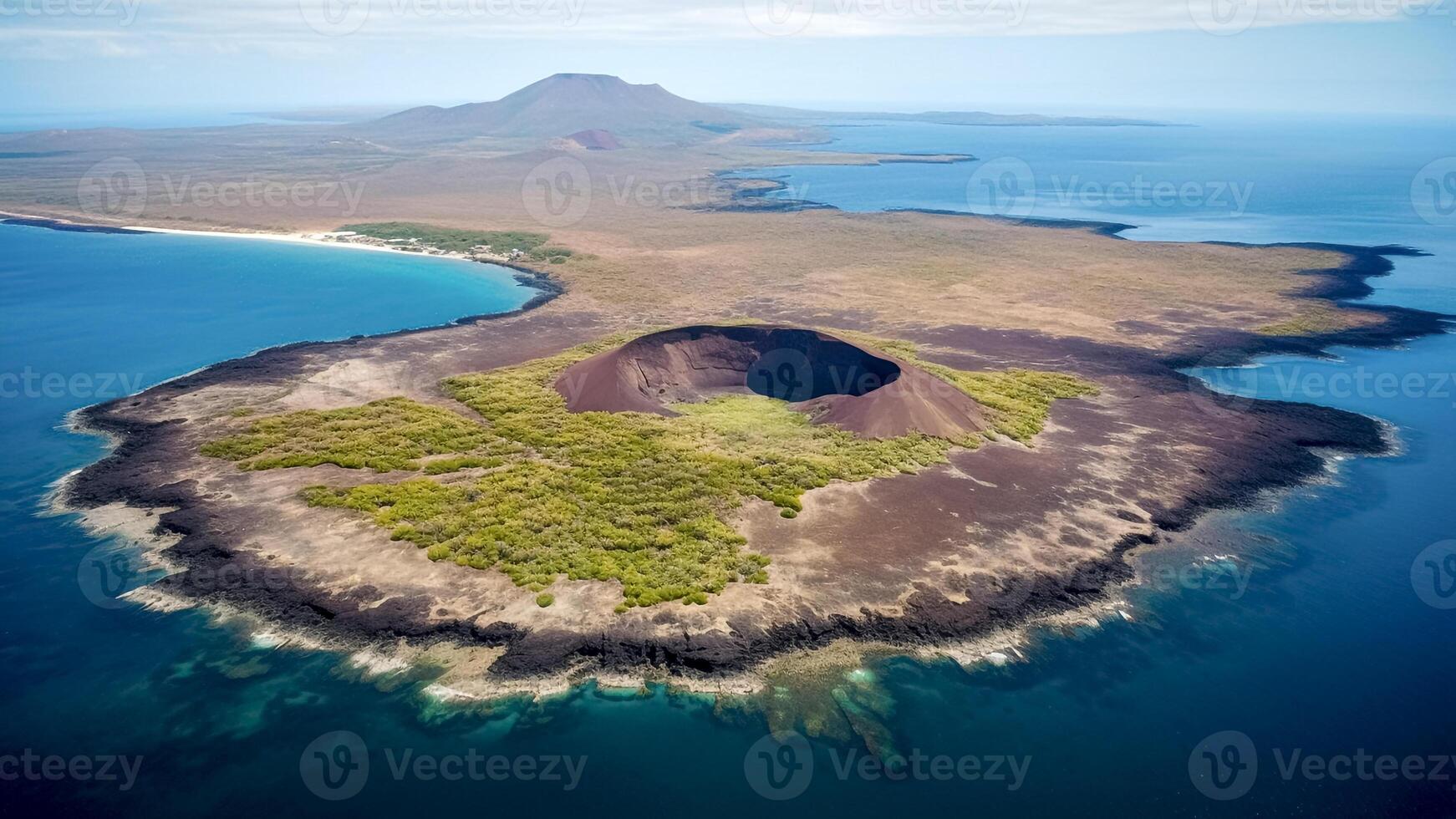 AI generated Breathtaking View of Volcanic Crater, Galapagos Island. Stunning Landscape, Natural Wonder, Geological Marvel. photo