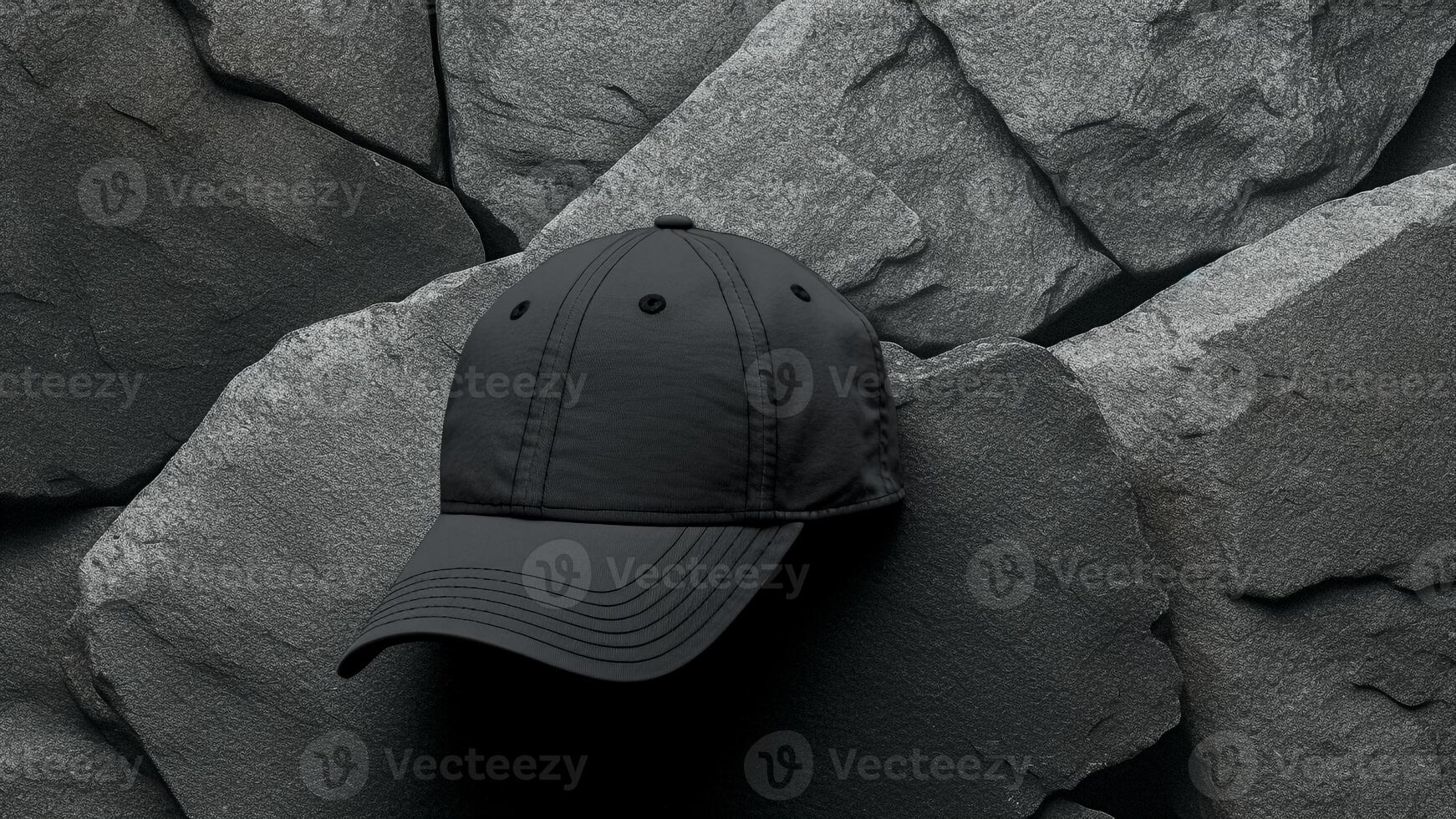 AI generated Black Baseball Cap on a Stone Wall. Mockup. Sporty Fashion, Urban Style, Customizable Design. photo