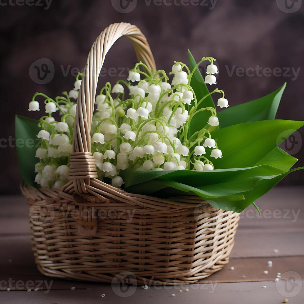 AI Generated Basket with white lilies of the valley on wooden table Spring Spring Flowers photo