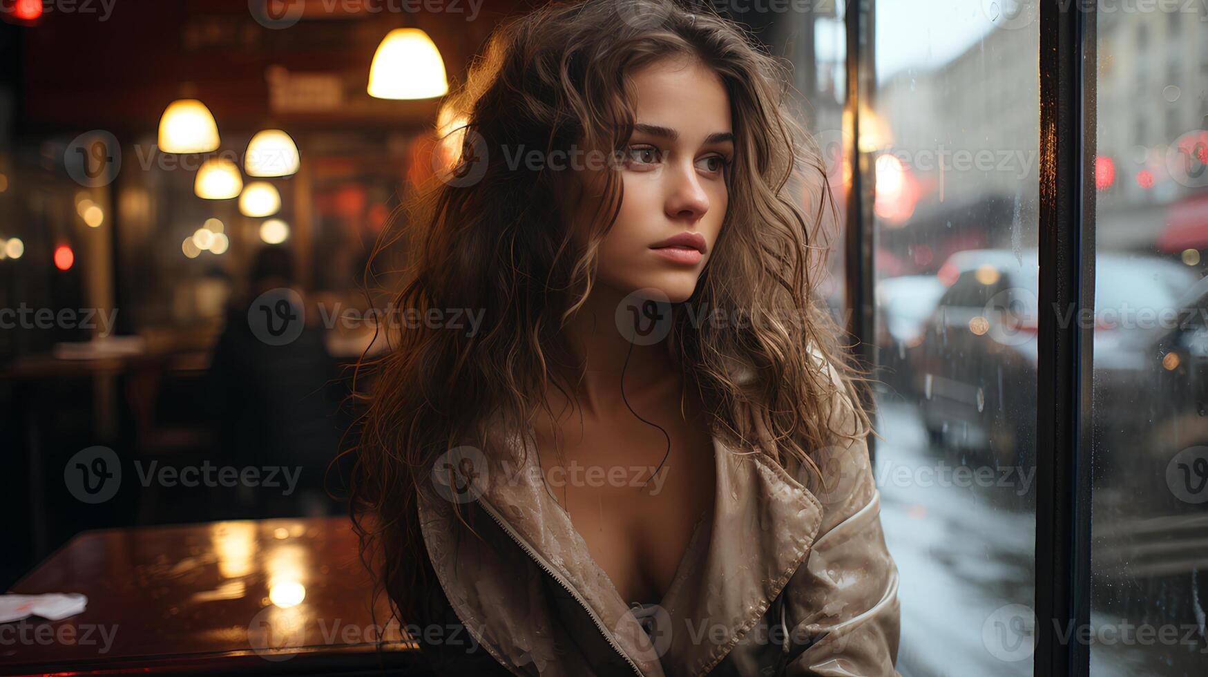 AI Generated A pensive girl in a cafe looks out the window at the rainy street with a sad look photo