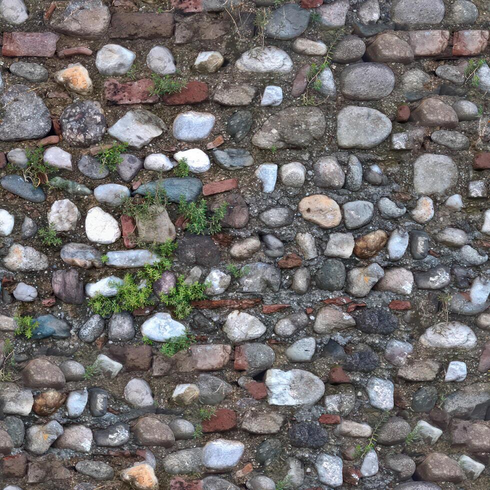 Old wall stone texture and background with rustic tiles design photo