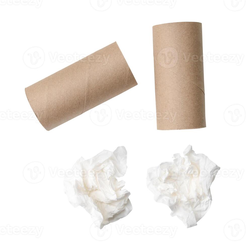 Top view set of screwed or crumpled tissue paper or napkin  with cores in strange shape after use in toilet or restroom isolated on white background with clipping path photo