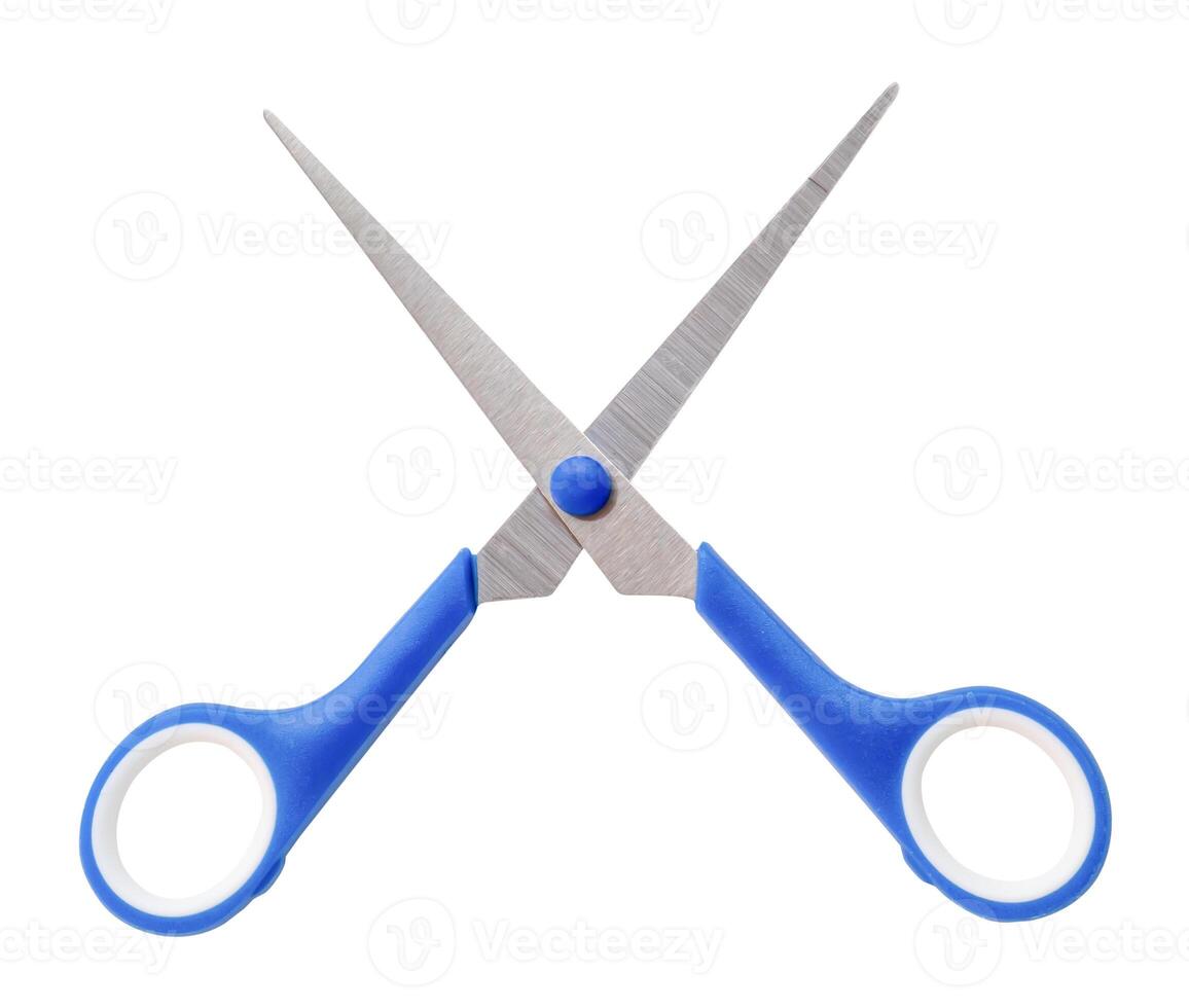 Top view of small multipurpose scissors with blue handle isolated on white background with clipping path. A pair of scissors photo