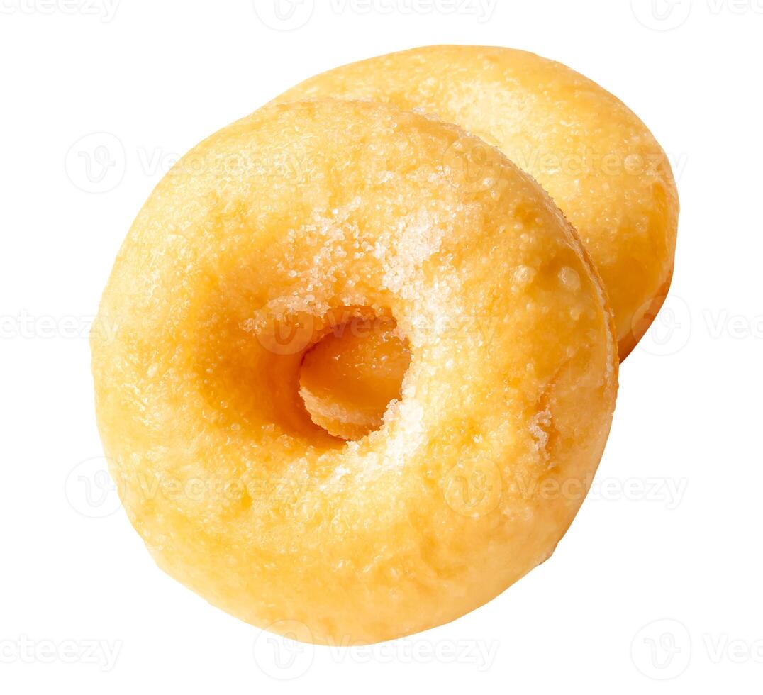 Front view set of two delicious Cinnamon Sugar Mini Donuts isolated on white background with clipping path. Donuts with sugar sprinkle photo