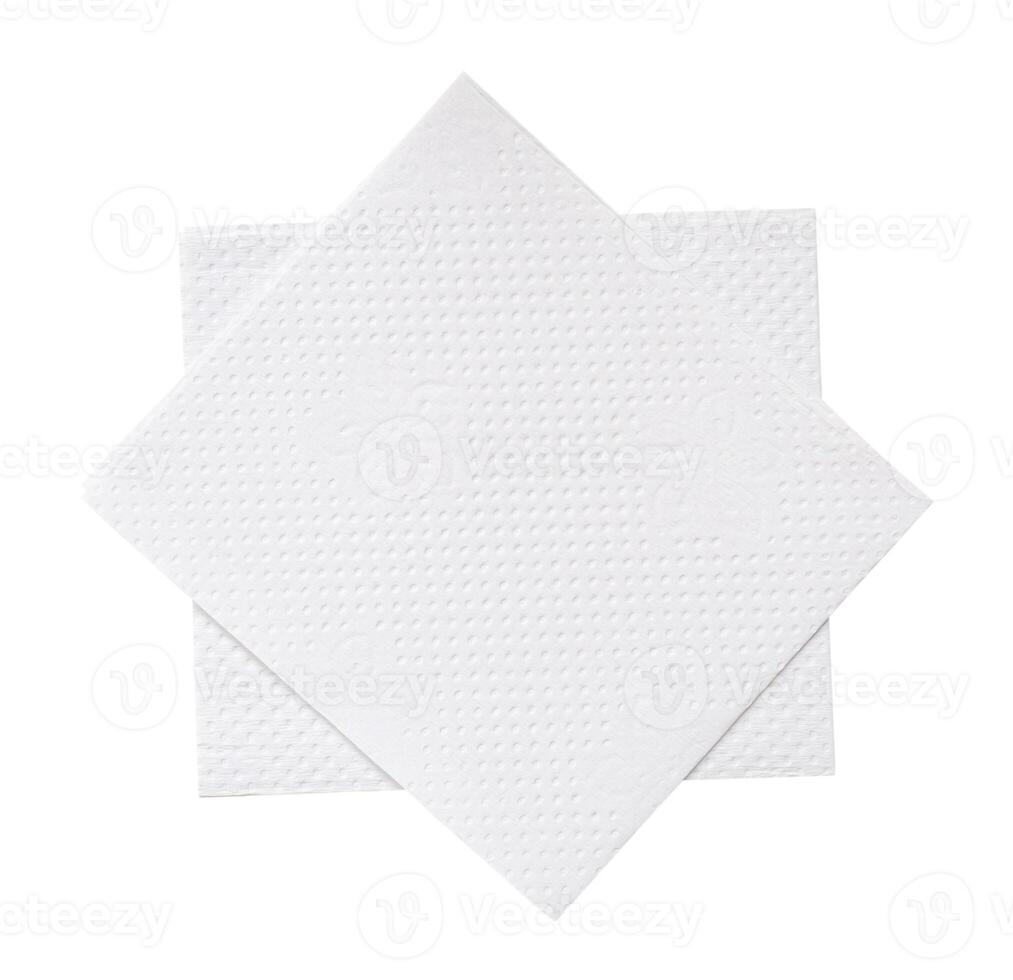 Two folded pieces of white tissue paper or napkin in stack tidily prepared for use in toilet or restroom isolated on white background with clipping path photo