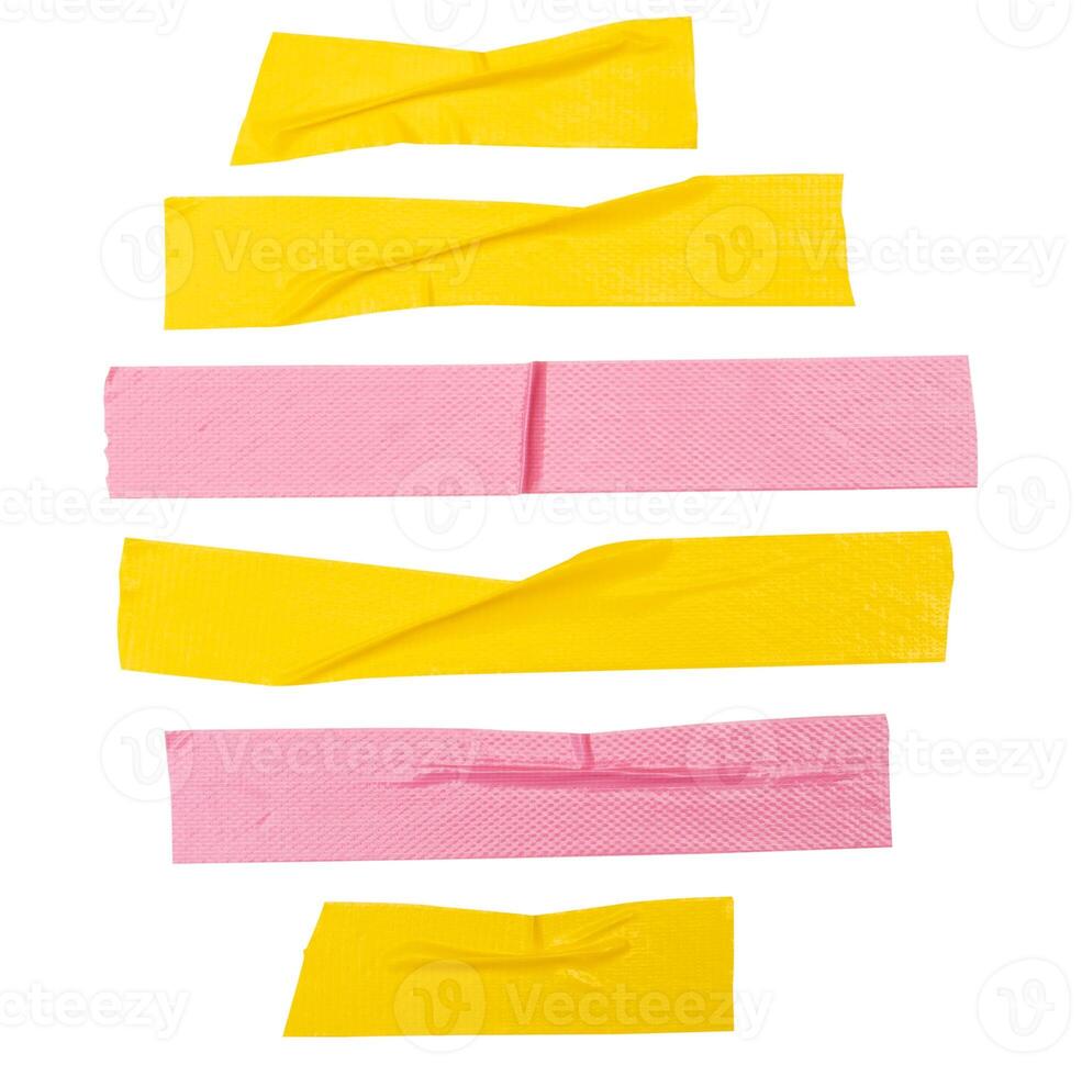 Top view set of wrinkled yellow and pink adhesive vinyl tape or cloth tape in stripes shape isolated on white background with clipping path photo