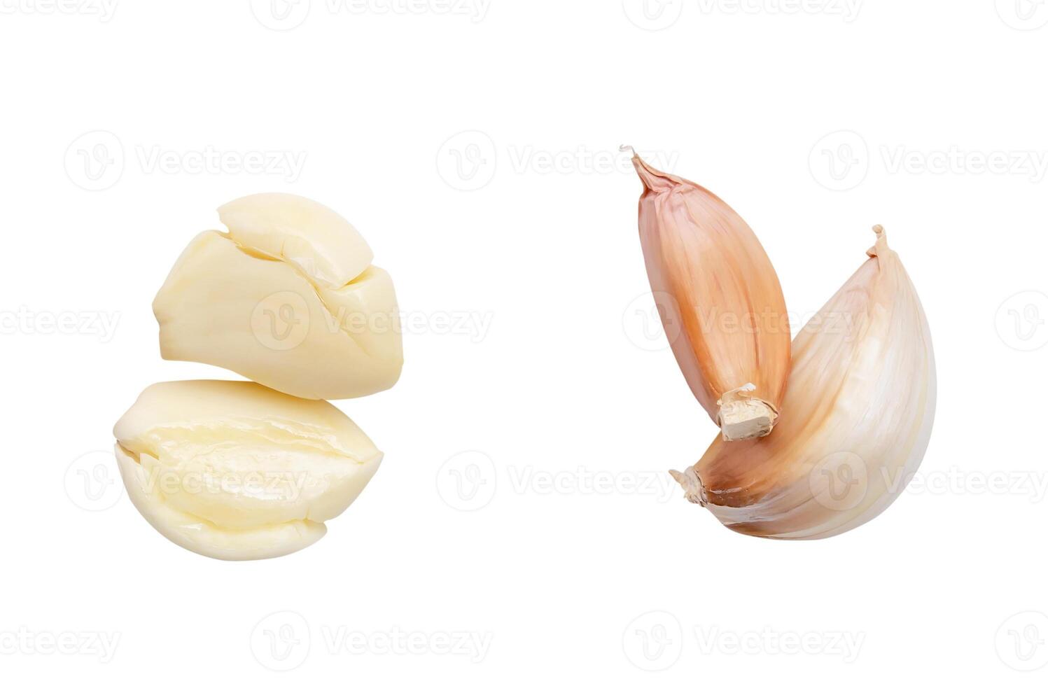 Top view of pounded garlic cloves in set isolated on white background with clipping path photo