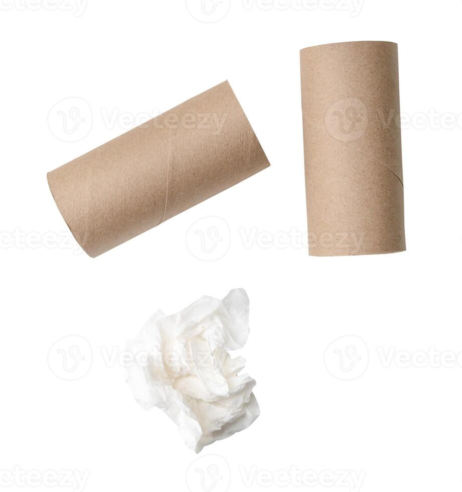 Top view set of single screwed or crumpled tissue paper or napkin  with cores in strange shape after use in toilet or restroom isolated on white background with clipping path photo