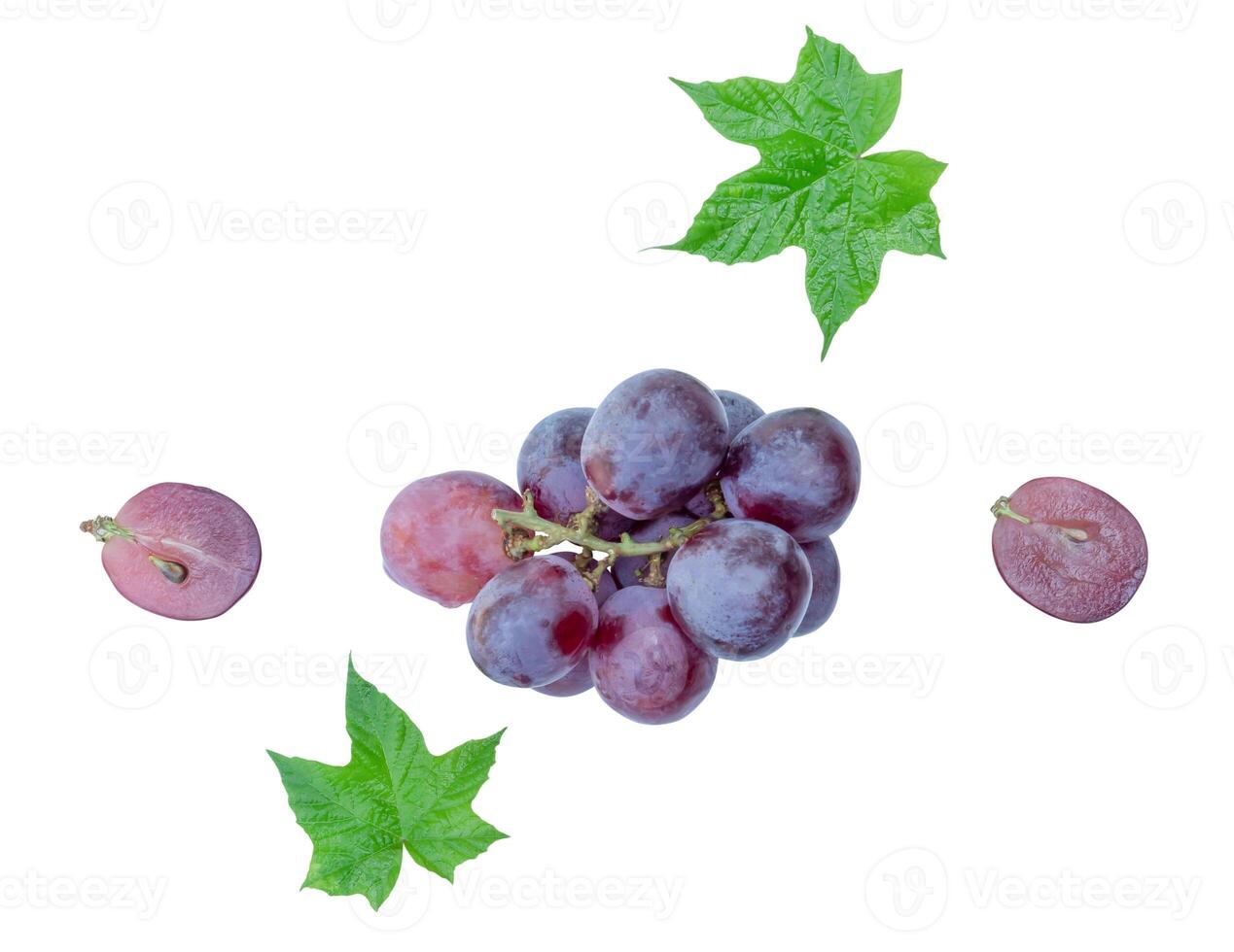 Top view set of small bunch of fresh red grapes with half and green leaves isolated on white background with clipping path photo