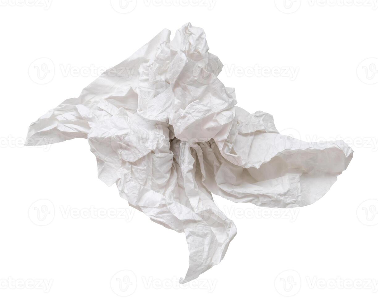 Top view of single screwed or crumpled tissue paper or napkin in strange shape after use in toilet or restroom isolated on white background with clipping path photo