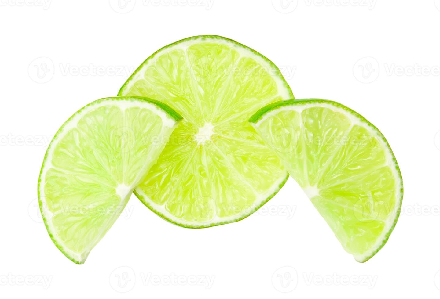 Top view of fresh green lemon slices in stack isolated on white background with clipping path photo