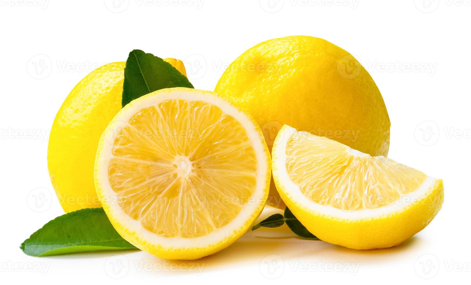 Front view of yellow lemon fruit with half slice or quarter and leave isolated on white background with clipping path photo