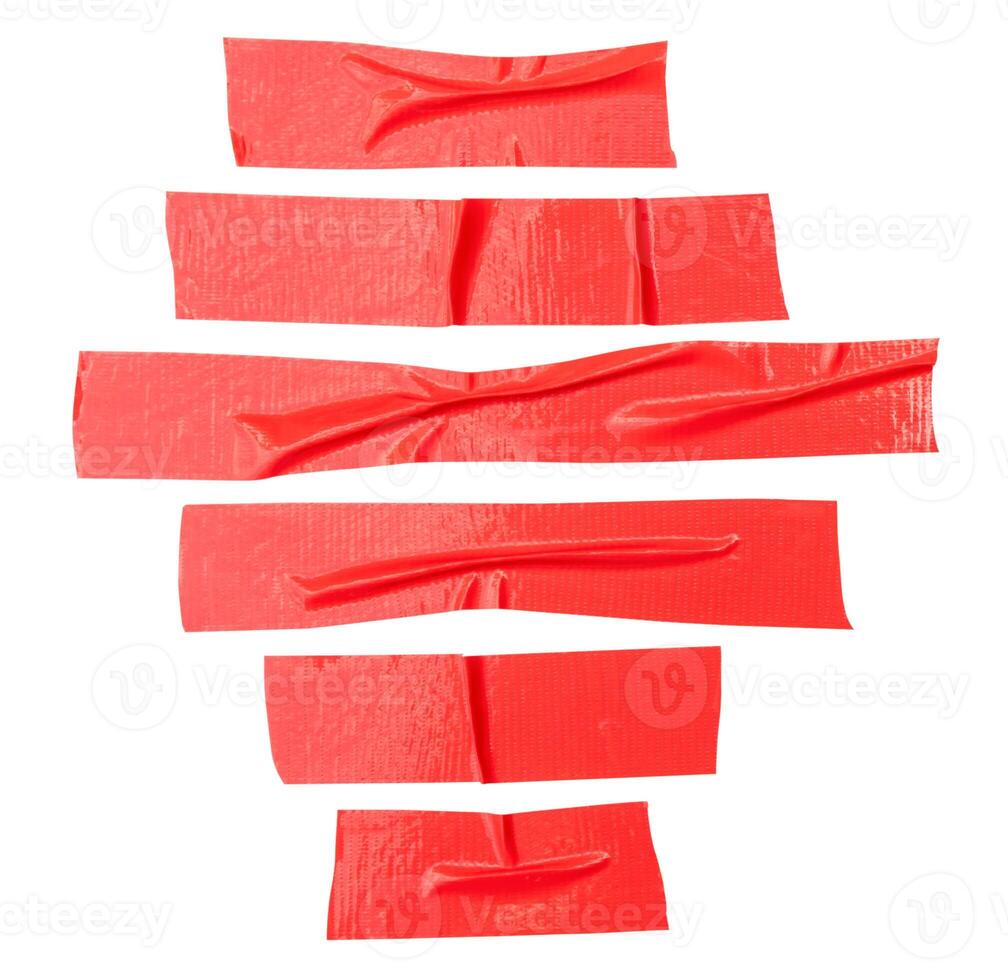 Top view set of red scotch tape or adhesive vinyl tape in stripes isolated on white background with clipping path photo