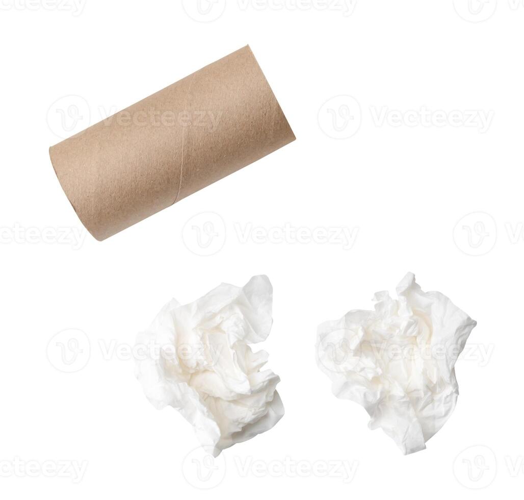 Top view set of screwed or crumpled tissue paper or napkin  with core in strange shape after use in toilet or restroom isolated on white background with clipping path photo