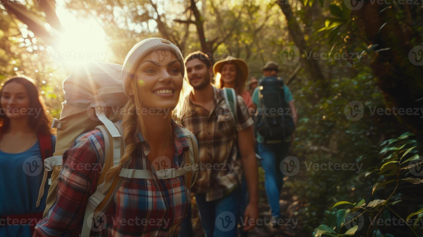 AI generated group of people walking through the woods photo