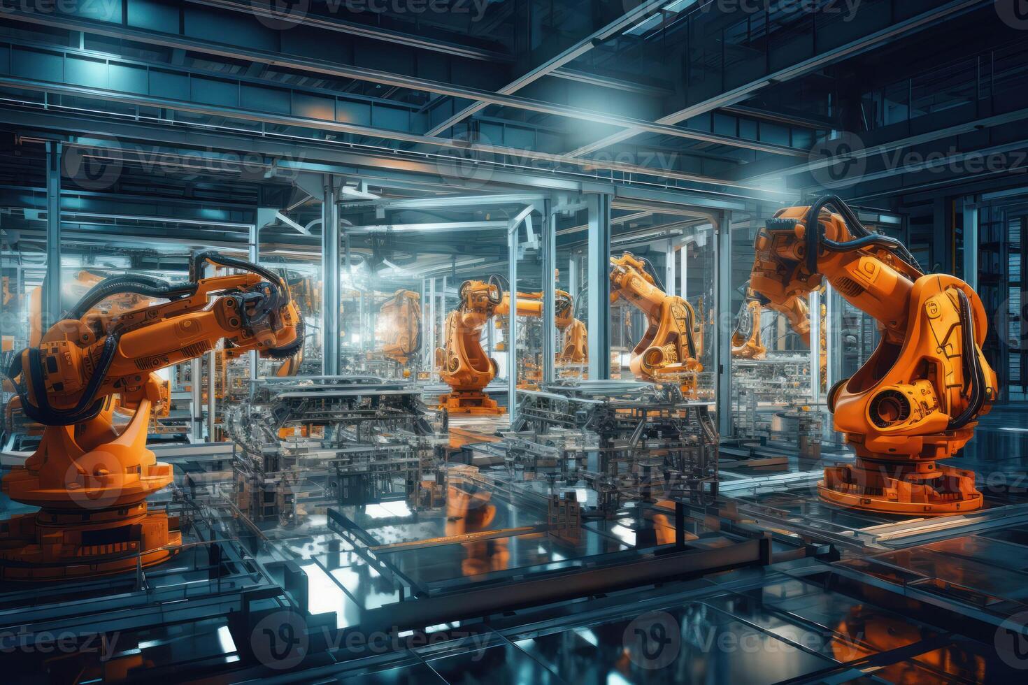 AI generated robots in an industrial factory with glass walls photo