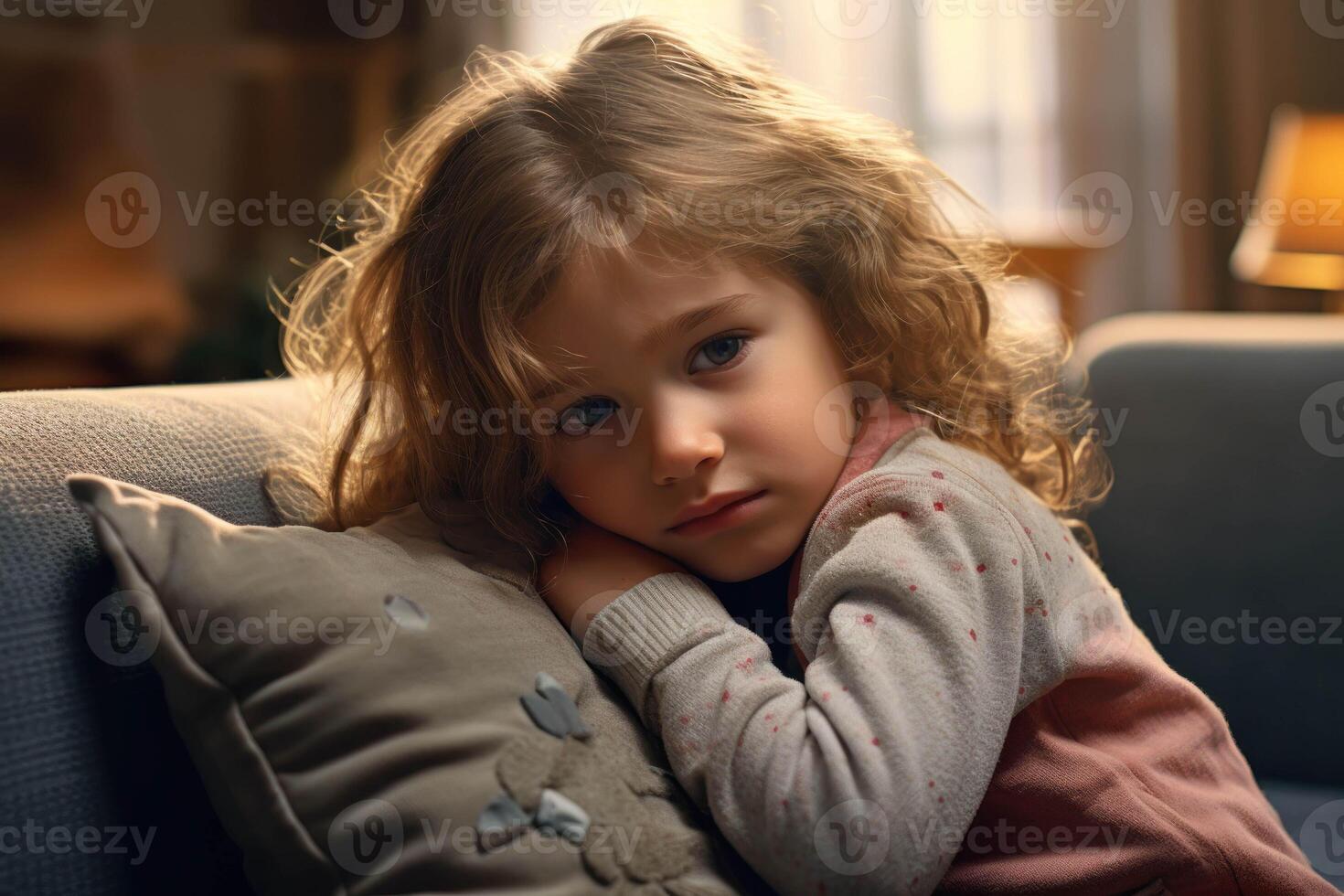 AI generated a little girl sitting on a couch with a pillow photo